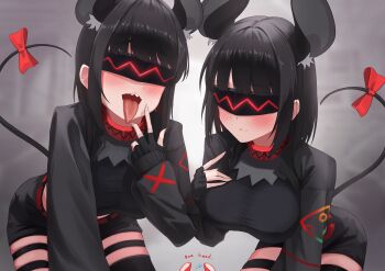 3girls absurdres animal_ear_fluff animal_ears backup_dancer_(hakos_baelz) black_hair black_jacket blindfold_mask blush bow breasts closed_mouth commentary_request cowboy_shot crop_top doodle_inset facing_viewer finger_to_face fingerless_gloves gloves grey_background hakos_baelz hand_on_own_chest highres hololive hololive_english ilie_ilie jacket leaning_forward long_sleeves mask mouse_ears mouse_girl mouse_tail multiple_girls open_mouth sharp_teeth shirt tail tail_bow tail_ornament taut_clothes taut_shirt teeth thigh_strap thighhighs tongue tongue_out virtual_youtuber
