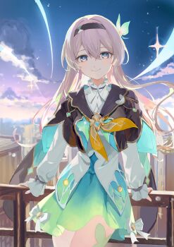 1girl absurdres against_railing black_hairband black_jacket blue_eyes bow bowtie breasts collar commentary cowboy_shot cropped_jacket firefly_(honkai:_star_rail) frilled_collar frilled_sleeves frills green_pupils green_skirt hair_between_eyes hair_intakes hair_ornament hairband highres honkai:_star_rail honkai_(series) jacket large_breasts long_hair looking_at_viewer multicolored_eyes orange_eyes outdoors railing roena shirt skirt smile solo standing thighs white_hair white_shirt yellow_bow yellow_bowtie