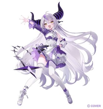 alternate_costume black_horns braid braided_bangs collar commentary demon_girl demon_horns grey_hair highres hololive holox horns huge_horns la+_darknesss metal_collar multicolored_hair official_art onodera_nire pointy_ears purple_horns purple_streaks streaked_hair striped_horns virtual_youtuber