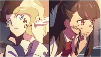 10s 2girls blonde_hair blue_eyes body_switch border diana_cavendish english_text frown hiragana japanese_text kagari_atsuko kimi_no_na_wa. little_witch_academia long_hair milk_puppy multiple_girls necktie personality_switch ponytail red_eyes scene_reference school_uniform split_screen translated v-shaped_eyebrows white_border