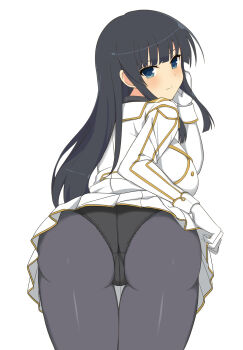 1girl ass black_hair black_panties black_pantyhose blue_eyes blunt_bangs blunt_ends blush breasts clothes_lift commentary_request from_behind gloves highres hime_cut ikaruga_(senran_kagura) jacket large_breasts lifting_own_clothes long_hair looking_at_viewer looking_back manjou_(q_tiwj) military_uniform panties pantyhose pleated_skirt senran_kagura sidelocks simple_background skirt skirt_lift solo standing trefoil underwear white_background white_gloves white_jacket white_skirt