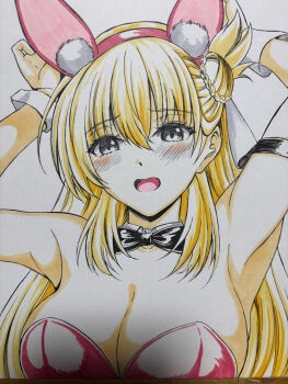 Rule 34 | 1girl, agnes claudel, animal ear hairband, animal ears, black bow, black bowtie, blonde hair, blue eyes, blush, bow, bowtie, braid, breasts, bun with braided base, cleavage, comiket 107, commentary request, detached collar, double-parted bangs, eiyuu densetsu, embarrassed, fake animal ears, hair between eyes, hair bun, hairband, highres, kagura yuuto, kuro no kiseki (series), leotard, photoshop (medium), pink leotard, playboy bunny, portrait, rabbit ear hairband, rabbit ears, single side bun, strapless, strapless leotard, traditional bowtie, traditional media, white wrist cuffs, wrist cuffs