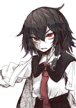 1girl absurdres alternate_eye_color black_capelet black_hair black_skirt bow capelet collar hair_between_eyes hair_bow highres long_sleeves muraryo necktie open_mouth red_eyes shirt short_hair simple_background skirt sleeve_cuffs solo touhou usami_renko white_background white_bow white_collar white_shirt