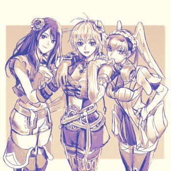 3girls bare_shoulders boots breasts choker cleavage detached_sleeves fiora_(xenoblade) flower hair_flower hair_ornament hairband highres ikki_(degutaro_) long_hair looking_at_viewer medium_breasts melia_antiqua monochrome multiple_girls sharla_(xenoblade) swept_bangs thigh_boots thighhighs thighs wings xenoblade_chronicles_(series) xenoblade_chronicles_1