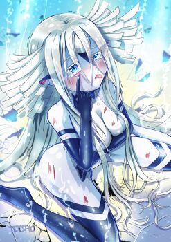 1girl :p absurdres blue_eyes breasts colored_skin crying crying_with_eyes_open eyelid_pull fate/grand_order fate_(series) finger_to_eye grey_hair grey_skin highres large_breasts long_hair looking_at_viewer making_faces pointy_ears priestess_of_the_alien_god solo taunting tdysho tears tongue tongue_out very_long_hair