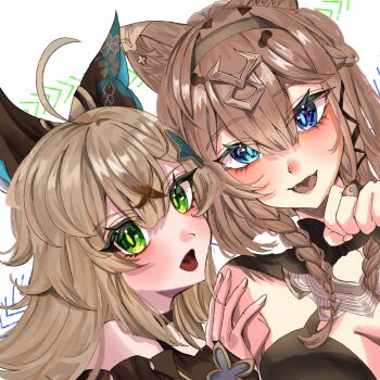 Rule 34 | 2girls, ahoge, animal ears, bikini, black bikini, blue eyes, blunt bangs, breasts, brown hair, cat ears, cat girl, cleavage, commentary request, company connection, genshin impact, gettou0 0, green eyes, heterochromia, highres, honkai (series), honkai impact 3rd, kirara (genshin impact), large breasts, long hair, medium hair, mihoyo, multiple girls, open mouth, pardofelis, pardofelis (reverist calico), short hair with long locks, swimsuit, trait connection, upper body, very long hair