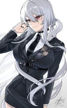 1girl absurdres artist_name black_necktie black_skirt commentary_request floral_print highres long_hair military_uniform necktie original red_eyes scar scar_across_eye scar_on_face scar_on_nose skirt smile snake solo tatsuma_daisuke white_hair white_snake