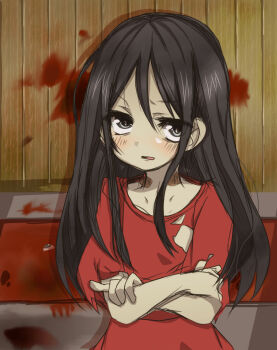 Rule 34 | 1girl, black hair, blood, blood splatter, blush, colored skin, commentary, corpse party, crossed arms, dress, ghost girl, grey eyes, grey skin, long hair, looking at viewer, pool of blood, red dress, ringo450, shinozaki sachiko, sidelocks, solo, torn clothes, torn dress