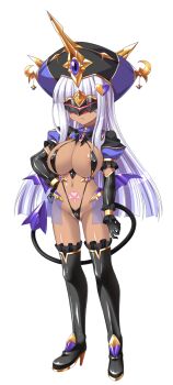 1girl aoi_masami black_gloves black_thighhighs blindfold boots breasts corruption covered_erect_nipples dark-skinned_female dark_persona dark_skin demon_girl demon_tail doumyouji_kotetu elbow_gloves full_body game_cg gloves hand_on_own_hip hat highres horns large_breasts large_variant_set long_hair navel non-web_source official_art pubic_tattoo puffy_sleeves slave_gear slave_rain slave_visor_(tsmg_nao!) slingshot_swimsuit solo swimsuit tachi-e tail tattoo thigh_boots thighhighs transparent_background ts_magical_girl_nao variant_set white_hair wings