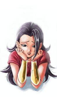 Rule 34 | 1girl, absurdres, black eyes, black hair, dragon ball, dragon ball super, eyelashes, highres, kale (dragon ball), long hair, red shirt, roub3d, shirt, simple background, solo, upper body, white background