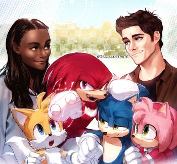 2girls 4boys amy_rose arm_hug blue_eyes brown_hair dark-skinned_female dark_skin furry furry_female furry_male gloves green_eyes hand_on_another&#039;s_head highres image_sample isa-415810 knuckles_the_echidna maddie_wachowski multiple_boys multiple_girls open_mouth sonic_(live_action) sonic_(series) sonic_the_hedgehog sonic_the_hedgehog_(movie) sonic_the_hedgehog_2_(movie) tails_(sonic) tom_wachowski twitter_sample twitter_username white_gloves