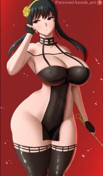 1girl adapted_costume arm_at_side artist_name ausoh bare_hips bare_shoulders black_dress black_gloves black_hair black_thighhighs breasts cleavage collarbone covered_erect_nipples covered_navel curvy dress earrings feet_out_of_frame female_focus fingerless_gloves gloves hand_up highres jewelry large_breasts looking_afar looking_to_the_side parted_lips pelvic_curtain red_background red_eyes revealing_clothes serious short_dress short_hair_with_long_locks sideless_dress simple_background solo spy_x_family standing strapless strapless_dress teeth thighhighs wide_hips yor_briar