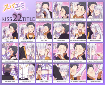 1boy 1girl alternate_language bare_shoulders between_breasts black_hair blunt_bangs blush braid breasts closed_eyes closed_mouth commentary_request couple crown_braid dress embarrassed emilia_(re:zero) english_text face_between_breasts flower flying_sweatdrops gabuillust grey_hair hair_flower hair_ornament hand_blush head_between_breasts hetero highres holding_another&#039;s_hair jacket kiss kiss_chart kissing_arm kissing_back kissing_breast kissing_cheek kissing_ear kissing_eye kissing_foot kissing_forehead kissing_hair kissing_hand kissing_leg kissing_neck kissing_nose kissing_stomach kissing_thigh long_hair multiple_drawing_challenge natsuki_subaru notice_lines open_mouth pantyhose purple_eyes re:zero_kara_hajimeru_isekai_seikatsu short_hair sidelocks spoken_blush spoken_character spoken_squiggle squiggle track_jacket very_long_hair very_short_hair white_dress white_flower white_pantyhose