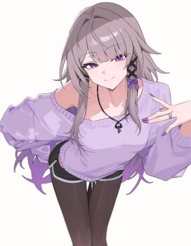 1girl absurdres alternate_costume black_pantyhose black_shorts closed_mouth commentary grey_hair herta_(honkai:_star_rail) highres honkai:_star_rail honkai_(series) jewelry leaning_forward long_sleeves looking_at_viewer nail_polish necklace nvl off_shoulder pantyhose purple_eyes purple_nails purple_sweater short_shorts shorts sidelocks simple_background single_bare_shoulder smile solo standing sweater the_herta_(honkai:_star_rail) white_background