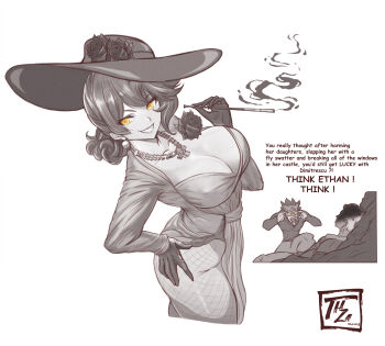 1girl 2boys absurdres alcina_dimitrescu artist_self-insert black_flower black_rose breasts cigarette_holder cleavage commentary corsage covered_erect_nipples cross cross_necklace dress english_commentary english_text ethan_winters fishnet_pantyhose fishnets flipped_hair flower gloves greyscale grin hamza_touijri hand_on_own_hip highres huge_filesize incredibly_absurdres invincible_(series) jewelry large_breasts lips long_dress mature_female medium_hair meme monochrome multiple_boys necklace pantyhose pearl_necklace resident_evil resident_evil_village rose side_slit smile smoke smoking solo_focus spot_color thick_thighs thighs think_mark_think!_(meme)