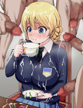 1girl 5boys blonde_hair blue_eyes blush breasts bukkake censored condom cum cum_in_container cum_in_mouth cum_on_body cum_on_clothes cum_on_hair cup darjeeling_(girls_und_panzer) facial girls_und_panzer hetero holding holding_cup large_breasts multiple_boys penis sitting st._gloriana&#039;s_school_uniform surrounded_by_penises swallowing used_condom yahow