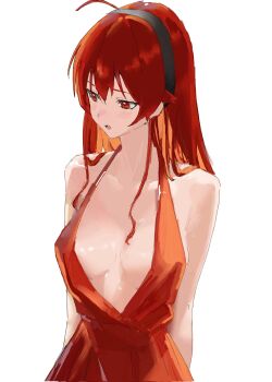 Rule 34 | 1girl, ahoge, arms behind back, black hairband, blush, breasts, cleavage, collarbone, commentary request, eris greyrat, hair between eyes, hairband, highres, large breasts, long hair, looking down, looking to the side, lower teeth only, mushoku tensei, open mouth, red eyes, red hair, rkgktomato, solo, standing, teeth, tongue, very long hair, white background