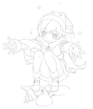 1girl absurdres bare_legs blush_stickers boots bucket_hat commentary_request convenient_leg dot_nose dress eyes_visible_through_hair fang flipped_hair full_body fur-trimmed_boots fur-trimmed_dress fur-trimmed_headwear fur-trimmed_sleeves fur_trim hair_between_eyes hair_flaps hat highres lineart long_hair long_sleeves looking_at_viewer monogatari_(series) open_hands oshino_shinobu outstretched_arms planted planted_shovel pointy_ears pom_pom_(clothes) reaching reaching_towards_viewer ringed_eyes santa_costume santa_dress santa_hat shishirui_san shovel simple_background skin_fang smile snowman solo spread_arms squatting very_long_hair white_background