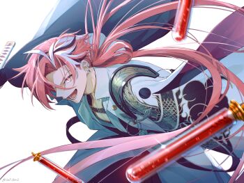 Rule 34 | 1boy, absurdres, black hair, commentary request, curtained hair, dragon print, earclip, earrings, eyebrow cut, fate/grand order, fate (series), hair over one eye, highres, holding, holding sword, holding weapon, jacket, jewelry, katana, long hair, long sleeves, low ponytail, male focus, multicolored hair, oct ten3, open mouth, pectoral cleavage, pectorals, ponytail, red hair, solo, streaked hair, sword, takasugi shinsaku (fate), toned, toned male, vial, weapon, white hair, white jacket, wide sleeves