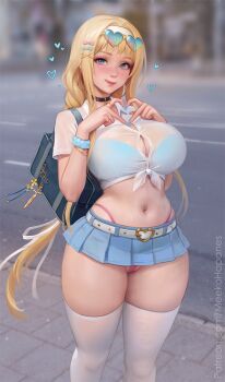 1girl :q artist_name bag bangle belt black_choker blonde_hair blue_eyes blue_nails blue_scrunchie blue_skirt blurry blurry_background blush bow bra_visible_through_clothes bracelet breasts button_gap character_request choker closed_mouth collared_shirt commentary copyright_request earrings english_commentary eyewear_on_head feet_out_of_frame four-finger_heart_hands hair_bow hair_intakes hair_ornament hairband heart heart-shaped_eyewear heart_belt_buckle heart_hands highleg highleg_panties highres hoop_earrings jewelry large_breasts long_hair looking_at_viewer meekohopanes micro_panties microskirt multiple_hair_bows multiple_rings nail_polish navel navel_piercing outdoors panties patreon_username piercing pink_panties pleated_skirt ring school_bag scrunchie see-through_clothes see-through_shirt shirt short_sleeves sidewalk skindentation skirt solo standing sunglasses thighhighs tied_shirt tongue tongue_out underwear very_long_fingernails very_long_hair watermark web_address white_belt white_hairband white_shirt white_thighhighs wrist_scrunchie x_hair_ornament