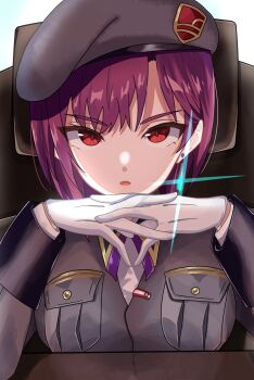 1girl beret breasts chair e69465 earrings gendou_pose gloves hands_clasped hat heaven_burns_red highres interlocked_fingers jacket jewelry looking_at_viewer military military_hat military_uniform neck_ribbon open_mouth own_hands_clasped own_hands_together pocket purple_hair red_eyes ribbon shirt short_hair sitting solo tezuka_saki upper_body white_gloves