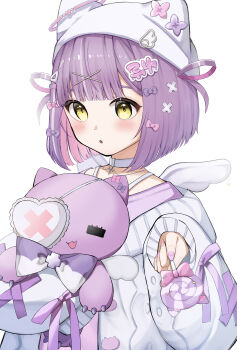 1girl absurdres beanie candy commentary_request eyepatch food hat heart heart_eyepatch highres holding holding_candy holding_food holding_lollipop hugging_object jacket lollipop long_sleeves looking_at_viewer mini_wings multicolored_hair parted_lips pink_hair puffy_long_sleeves puffy_sleeves purple_hair purple_shirt shinomiya_runa shirt short_hair simple_background sleeves_past_fingers sleeves_past_wrists solo stuffed_animal stuffed_cat stuffed_toy swirl_lollipop tsunagi_1111 two-tone_hair upper_body virtual_youtuber vspo! white_background white_hat white_jacket white_wings wings yellow_eyes