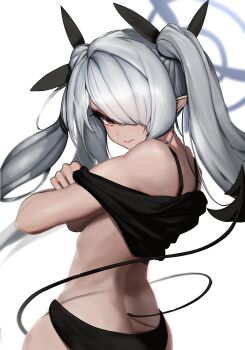 1girl absurdres angry back bare_shoulders black_camisole black_panties black_ribbon blue_archive breasts camisole camisole_lift clenched_teeth clothes_lift commentary cowboy_shot dark-skinned_female dark_skin demon_girl demon_tail eyelashes from_behind grey_hair grey_halo hair_over_one_eye hair_ribbon halo highres iori_(blue_archive) lifting_own_clothes long_bangs long_hair looking_at_viewer looking_back medium_breasts migeru690 one_eye_covered panties pointy_ears red_eyes ribbon sideboob sidelocks simple_background solo tail tail_raised teeth twintails underwear undressing white_background