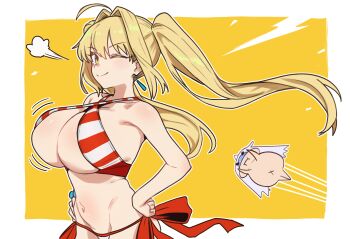 2girls ;) absurdres ahoge bad_link bare_shoulders bikini blonde_hair breasts criss-cross_halter earrings ebora fate/grand_order fate_(series) floating_earrings green_eyes hair_intakes halterneck hands_on_own_hips highres huge_breasts jewelry long_hair melusine_(fate) multiple_girls navel nero_claudius_(fate) nero_claudius_(swimsuit_caster)_(fate) one_eye_closed red_bikini side-tie_bikini_bottom simple_background sling_bikini_top smile striped_bikini striped_clothes swimsuit twintails yellow_background