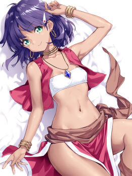 Rule 34 | 1girl, absurdres, arm at side, armpits, bandeau, bare shoulders, belt, blue gem, bob cut, bracelet, brown belt, brown sash, closed mouth, collarbone, commentary, cropped vest, curled fingers, dark-skinned female, dark skin, earrings, feet out of frame, from above, fushigi no umi no nadia, gem, gold bracelet, gold earrings, green eyes, hair ornament, hair spread out, hairclip, hand up, highres, hirano katsuyuki, hoop earrings, jewelry, knee up, light smile, looking at viewer, lying, messy hair, midriff, nadia la arwall, narrow waist, navel, neck ring, necklace, on back, on bed, open clothes, open vest, pelvic curtain, pendant, purple hair, red skirt, red vest, short hair, skirt, smile, solo, spread fingers, strapless, tube top, vest, white bandeau, white trim