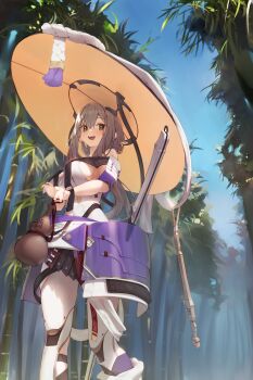 1girl :d absurdres armor bamboo bamboo_forest blush breasts brown_eyes clothing_cutout forest goddess_of_victory:_nikke gourd grey_hair haidate hat highres holding holding_gourd japanese_armor jingasa large_breasts large_hat leg_cutout leotard long_hair looking_at_viewer nature open_mouth outdoors scarlet_(nikke) sheath shoulder_armor smile sode solo sword tai_(e3d1p) weapon weapon_on_back white_leotard