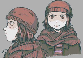 1girl beanie brown_hair freckles grey_background hat ila_(rw5853227) multiple_views original short_hair simple_background upper_body