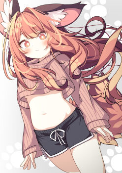 1girl animal_ear_fluff animal_ears black_shorts blush brown_eyes brown_hair brown_sweater closed_mouth commentary_request cropped_sweater daidai_ookami dolphin_shorts highres long_hair long_sleeves looking_at_viewer navel original puffy_long_sleeves puffy_sleeves ribbed_sweater short_shorts shorts sleeves_past_wrists solo sweater tail very_long_hair