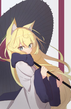 1girl absurdres alternate_costume animal_ear_fluff animal_ears blonde_hair blue_archive blush bright_pupils coat commentary cowboy_shot floating_hair fox_ears fox_girl from_side fur-trimmed_kimono fur-trimmed_sleeves fur_trim green_eyes grey_kimono halo highres holding holding_umbrella japanese_clothes kimono kurumi_(blue_archive) long_hair long_sleeves looking_at_viewer looking_to_the_side oil-paper_umbrella ria_(52266382) simple_background solo umbrella upper_body very_long_hair white_background white_pupils wide_sleeves winter_clothes