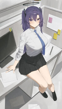 1girl absurdres arm_support bare_legs black_shoes black_skirt blue_archive blue_necktie blush breasts commentary desk halo highres indoors long_hair looking_at_viewer medium_breasts mm_(mhm2592) monitor necktie on_desk paper_stack pleated_skirt purple_eyes purple_hair shirt shirt_tucked_in shoes sitting skirt solo sticky_note two_side_up very_long_hair white_shirt yuuka_(blue_archive)