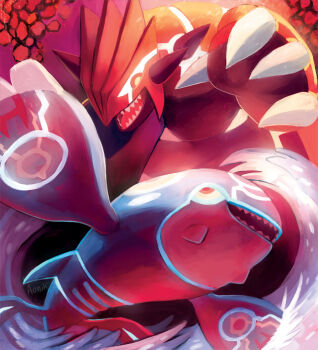 Rule 34 | animal focus, aonik, artist name, claws, commentary, gen 3 pokemon, groudon, kyogre, legendary pokemon, nintendo, no humans, open mouth, pokemon, pokemon (creature), pokemon focus, primal groudon, primal kyogre, sharp teeth, spikes, teeth, water, waves