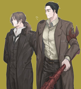 2boys absurdres alternate_costume arms_behind_back bandaid bandaid_on_cheek bandaid_on_face bandana bandana_around_arm barbed_wire baseball_bat belt belt_buckle black_belt black_coat black_gloves black_hair black_necktie black_pants black_suit black_vest brown_coat brown_hair buckle closed_mouth coat collared_shirt cowboy_shot dress_shirt expressionless facial_hair facial_scar formal_clothes frown glasses gloves gold_buckle green_eyes gregor_(project_moon) grey_shirt hair_between_eyes hair_slicked_back half-closed_eyes hand_on_another's_shoulder height_difference highres holding holding_baseball_bat holding_weapon jitome lapels limbus_company long_hair long_sleeves looking_to_the_side low_ponytail male_focus meursault_(project_moon) multiple_boys muscular muscular_male necktie notched_lapels open_clothes open_coat pants parted_bangs ponytail project_moon red_bandana scar scar_on_cheek scar_on_face scar_on_neck shirt shirt_tucked_in short_hair simple_background standing stubble suit toned toned_male uibou00000 vest weapon white_shirt wing_collar wire wuthering_heights_(identity)_(project_moon) yellow_background yellow_eyes