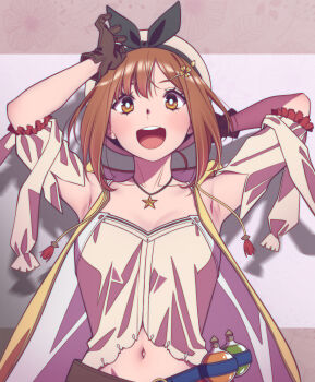 1girl andrian_januar_adilia arm_behind_head armpits atelier_(series) atelier_ryza atelier_ryza_1 belt beret black_bow bow breasts brown_belt brown_eyes brown_gloves brown_hair cleavage collarbone commentary english_commentary gloves hair_ornament hairclip hands_up hat hat_bow highres jewelry looking_at_viewer navel necklace open_mouth potion reisalin_stout shadow shirt solo star_(symbol) star_necklace teeth upper_body upper_teeth_only white_hat white_shirt