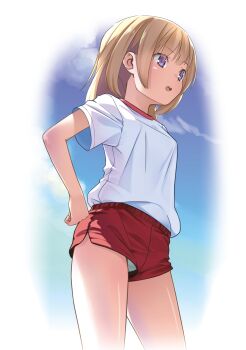 1girl absurdres blonde_hair blue_eyes blue_sky blush breasts gym_uniform highres long_hair open_mouth original pop_(electromagneticwave) red_shorts shirt short_sleeves shorts sky solo teeth thighs upper_teeth_only white_shirt