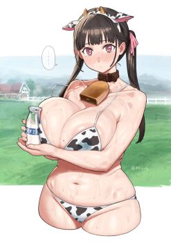 ... 1girl animal_ear_hairband animal_ears animal_print bell bikini borrowed_character breasts brown_hair closed_mouth cow_ear_hairband cow_ears cow_girl cow_horns cow_print cow_print_bikini cowbell curvy dot_mouth fake_animal_ears fake_horns futao_miruku_(riki) hairband highres horns huge_breasts large_areolae long_hair maruko_tooto neck_bell original pink_eyes print_bikini print_thighhighs spoken_ellipsis swimsuit thighhighs twintails