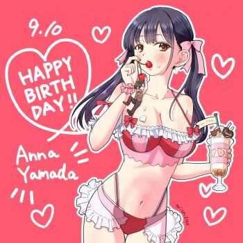1boy 1girl alternate_costume alternate_hairstyle artist_name bikini black_hair blush boku_no_kokoro_no_yabai_yatsu bow breasts brown_eyes character_name cherry chibi chibi_inset cleavage collarbone commentary_request cowboy_shot cream cream_on_face cup dated english_text food food_on_body food_on_breasts food_on_face frilled_bikini frills fruit glass gradient_background hair_bow happy_birthday highres holding holding_cup holding_food ichikawa_kyoutarou large_breasts long_hair looking_at_viewer mole mole_on_neck multi-strapped_bikini_bottom multiple_moles navel parfait pink_background pink_bow red_bikini solo_focus swimsuit toisy_2160 twintails yamada_anna