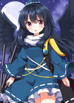 1girl black_hair black_wings blue_dress blue_hat blush commentary cowboy_shot dress feathered_wings frilled_dress frills full_moon hat highres holding iizunamaru_megumu long_hair long_sleeves looking_at_viewer moon night open_mouth outdoors ruu_(tksymkw) shoulder_guard solo touhou tripod wings