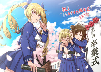 3girls arm_on_another's_shoulder blonde_hair blue_bow blue_sailor_collar blue_shirt blue_skirt blue_sky bow bowtie brown_eyes brown_hair cherry_blossoms cinderella_series closed_eyes cloud cloudy_sky commentary_request diploma diploma_tube double_bun drill_hair hachigatsu_no_cinderella_nine hair_bow hair_bun highres holding holding_diploma kishi_fuuka kousaka_tsubaki lollipop_in_mouth multiple_girls one_eye_closed open_mouth petals pink_eyes pink_petals sailor_collar sanada_ikki school_gateway school_uniform shiomi_nagisa shirt signature skirt sky tears translation_request twin_drills white_bow white_bowtie wiping_tears