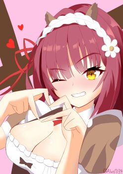 Rule 34 | 1girl, ;d, absurdres, alternate costume, alvis7134, blunt bangs, blush, breasts, brown dress, cleavage, commentary request, dress, dutch angle, eyelashes, flower, four-finger heart hands, frilled dress, frilled hairband, frills, futamihara ririko, grin, hair flower, hair ornament, hair ribbon, hairband, hands up, heart, heart hands, highres, large breasts, limelight lemonade jam, looking at viewer, medium hair, one eye closed, open mouth, pink background, puffy short sleeves, puffy sleeves, red hair, red ribbon, ribbon, short sleeves, simple background, smile, solo, thick eyebrows, twitter username, upper body, v-shaped eyebrows, white flower, white hairband, yellow eyes