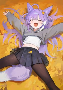 1girl absurdres ahoge autumn_leaves black_pantyhose blue_skirt closed_eyes clothes_lift commentary_request cone_hair_bun double_bun fox_girl fox_tail grey_hoodie hair_bun hair_intakes hair_rings highres hood hood_down hoodie hoodie_lift korean_commentary leaf long_hair long_sleeves lying multicolored_hair navel nbee_ya on_back open_mouth pantyhose pleated_skirt purple_hair shirt shirt_lift sidelocks skirt smile solo stellive stomach streaked_hair tail tenko_shibuki two-tone_hair very_long_hair virtual_youtuber white_hair white_shirt
