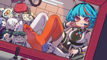 1girl :3 absurdres ahoge arcade artist_request asymmetrical_legwear barefoot belt blue_hair breasts bunnychidraw character_doll controller crane_game doll dress dutch_angle feet foot_focus hair_ornament headset highres in_crane_game indie_virtual_youtuber indoors joystick knees_up looking_at_viewer michi_(vtuber) microphone mismatched_legwear multicolored_hair number_print orange_hair orange_thighhighs short_dress short_hair sitting sleeveless sleeveless_dress small_breasts smile soles source_request streaked_hair stuffed_animal stuffed_toy thighhighs toes virtual_youtuber white_thighhighs wrist_cuffs