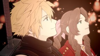 1boy 1girl aerith_gainsborough ameiro0814 armor blonde_hair blue_eyes braid braided_ponytail brown_hair buster_sword choker closed_mouth cloud_strife cosmo_canyon final_fantasy final_fantasy_vii final_fantasy_vii_rebirth final_fantasy_vii_remake flower_choker green_eyes hair_between_eyes hair_ribbon jacket lantern lantern_festival long_hair looking_up paper_lantern parted_bangs parted_lips pauldrons pink_ribbon red_jacket ribbon short_hair shoulder_armor sidelocks single_braid single_pauldron sky_lantern sleeveless sleeveless_turtleneck smile spiked_hair suspenders sword sword_on_back turtleneck upper_body weapon weapon_on_back