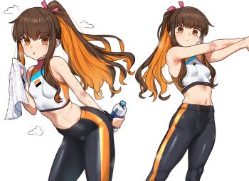 1girl absurdres adapted_costume armpit_crease black_pants breasts brown_eyes brown_hair celeb_summer_experience! colored_inner_hair commentary crop_top ebora english_commentary fate/grand_order fate_(series) highres holding holding_towel kishinami_hakuno_(female) looking_at_viewer midriff multicolored_hair multiple_views navel orange_hair orange_pants pants ponytail small_breasts stretching sweat sweatpants towel two-tone_hair two-tone_pants white_background