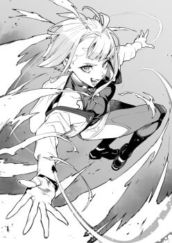 1girl cyberpunk:_edgerunners cyberpunk_(series) cyborg greyscale heattech_leotard jacket leotard lucy_(cyberpunk) monochrome off-shoulder_jacket off_shoulder open_clothes open_mouth saeki_shun short_hair solo turtleneck