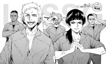 1girl 4boys ace_combat ace_combat_7 aircraft airplane awacs burger collarbone commentary_request count_(ace_combat_7) crew_cut crossed_arms dark-skinned_male dark_skin e-767 facial_hair fist_in_hand food fox gun gun_in_mouth hand_up handgun huxian jaeger_(ace_combat) jumpsuit medium_hair military_vehicle monochrome multiple_boys open_mouth partially_unzipped ponytail revolver shirt short_hair simple_background skald_(ace_combat) spoken_food strider_squadron teeth tongue tongue_out trigger_(ace_combat) upper_body waving weapon white_background yukizoooh