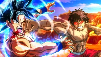 2boys abs aura battle blood blue_sky brown_hair clenched_hands closed_eyes cloud collarbone commentary coughing coughing_blood crossover dragon_ball dragon_ball_super english_commentary glowing glowing_eyes grappler_baki grey_eyes hanma_baki highres male_focus multiple_boys muscular muscular_male nose open_mouth outdoors outline pectorals punching red_eyes scar scar_on_arm scar_on_chest sky son_goku spiked_hair teeth tongue topless_male tylearn ultra_instinct v-shaped_eyes white_outline